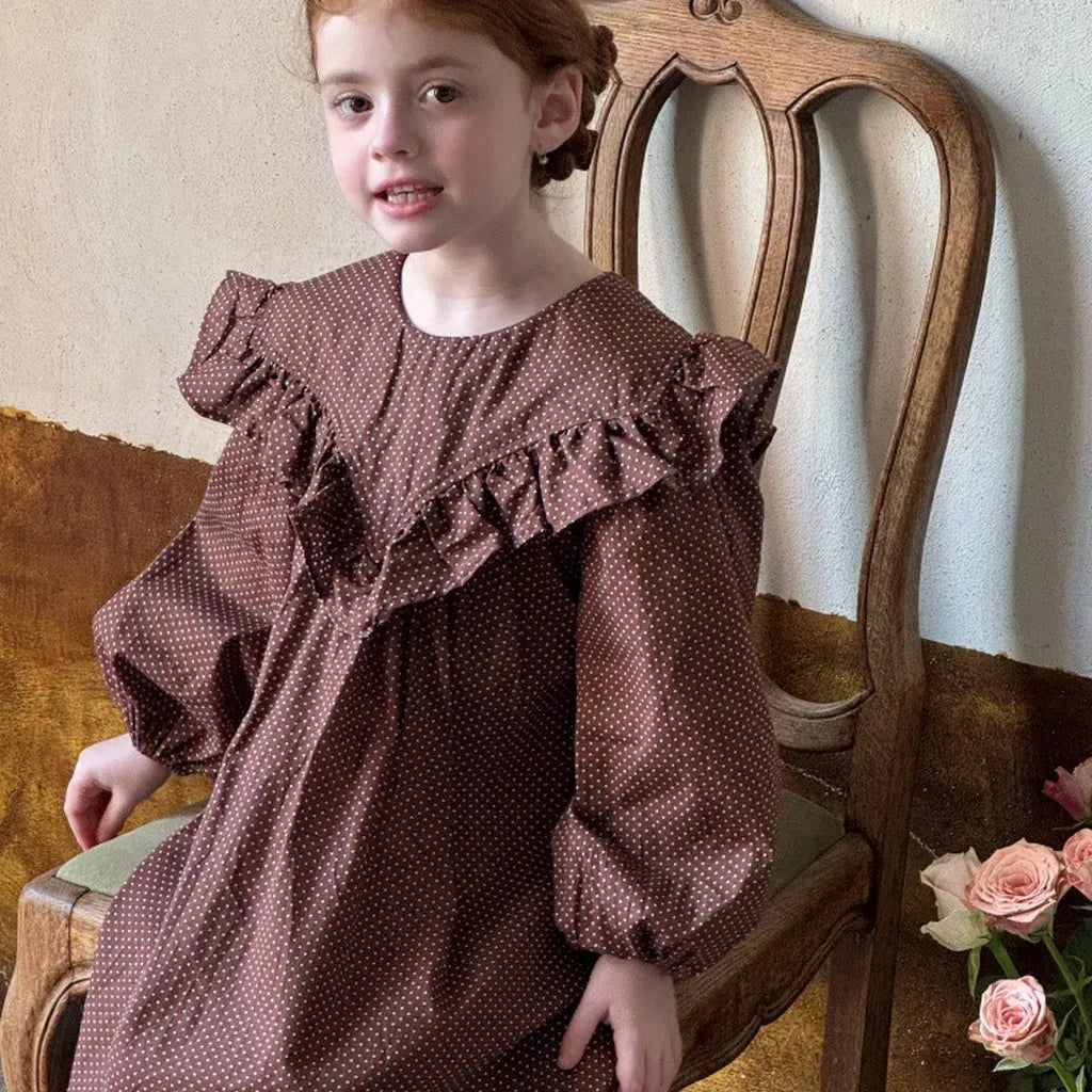 長袖ワンピース ドット柄フリルビッグカラー長袖ワンピース【mh0011205】