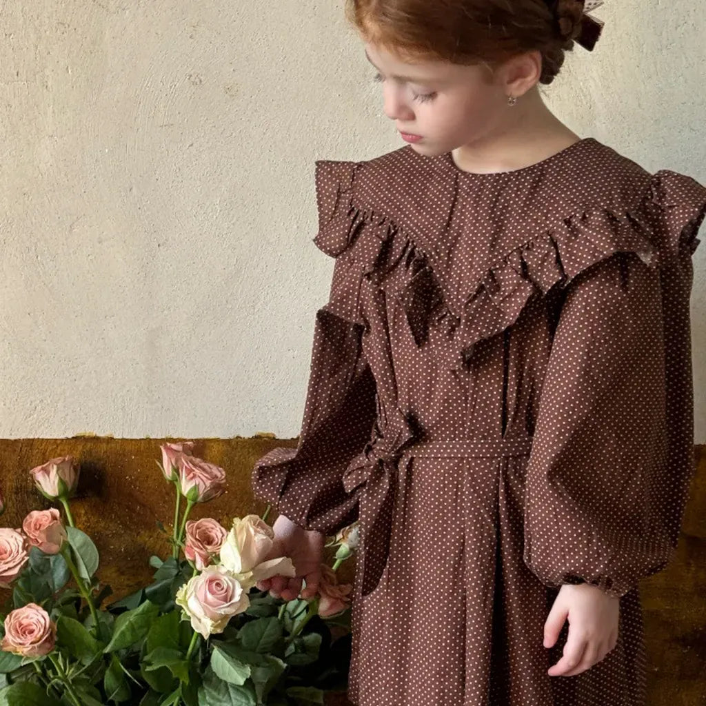 長袖ワンピース ドット柄フリルビッグカラー長袖ワンピース【mh0011205】