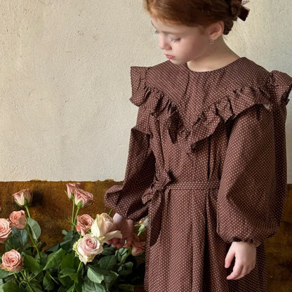 長袖ワンピース ドット柄フリルビッグカラー長袖ワンピース【mh0011205】