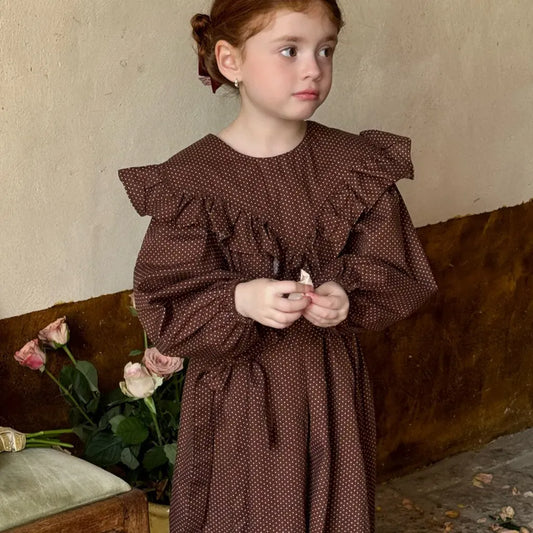 長袖ワンピース ドット柄フリルビッグカラー長袖ワンピース【mh0011205】