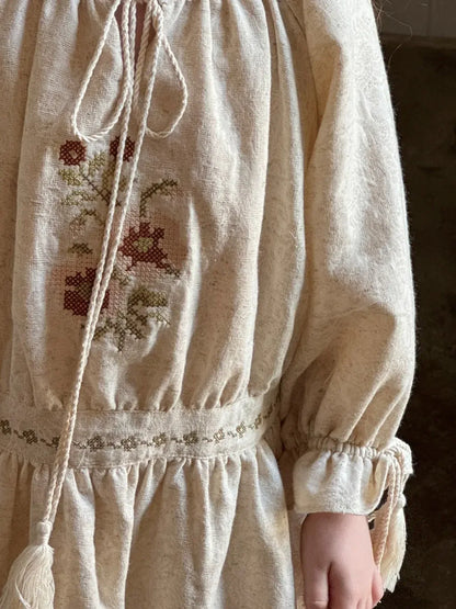 長袖ワンピース ボヘミアン刺繍タッセルワンピース【mh0011206】