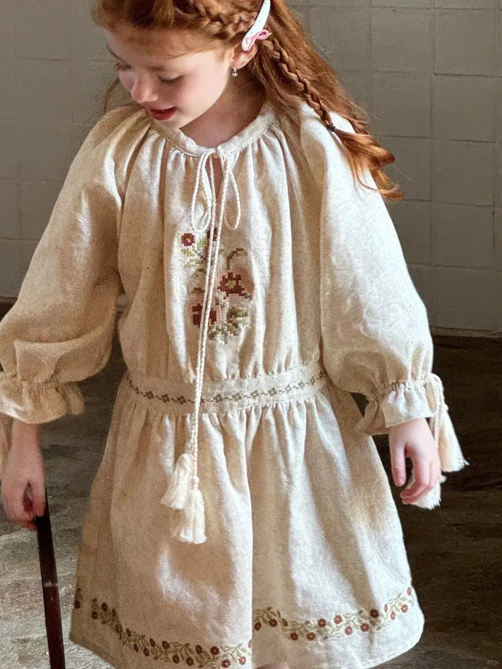 長袖ワンピース ボヘミアン刺繍タッセルワンピース【mh0011206】