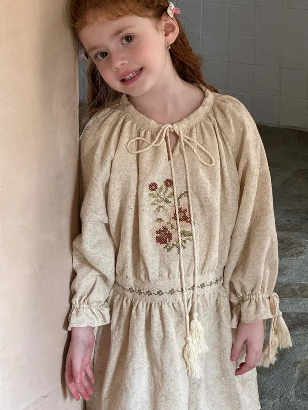 長袖ワンピース ボヘミアン刺繍タッセルワンピース【mh0011206】