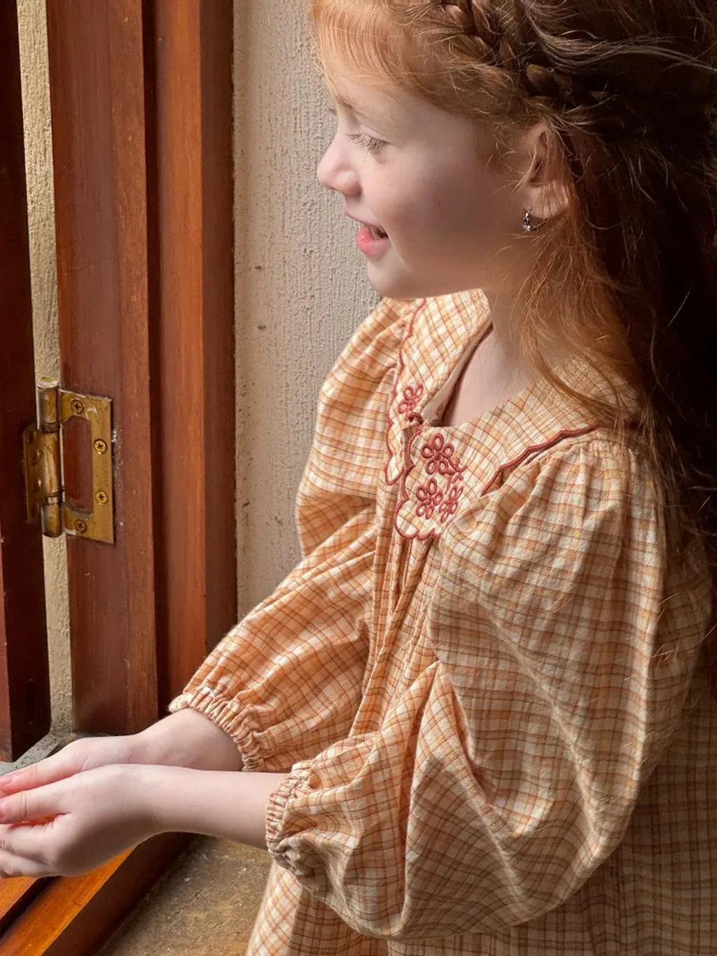 長袖ワンピース 刺繍襟チェック柄長袖シャツワンピース【mh0011208】