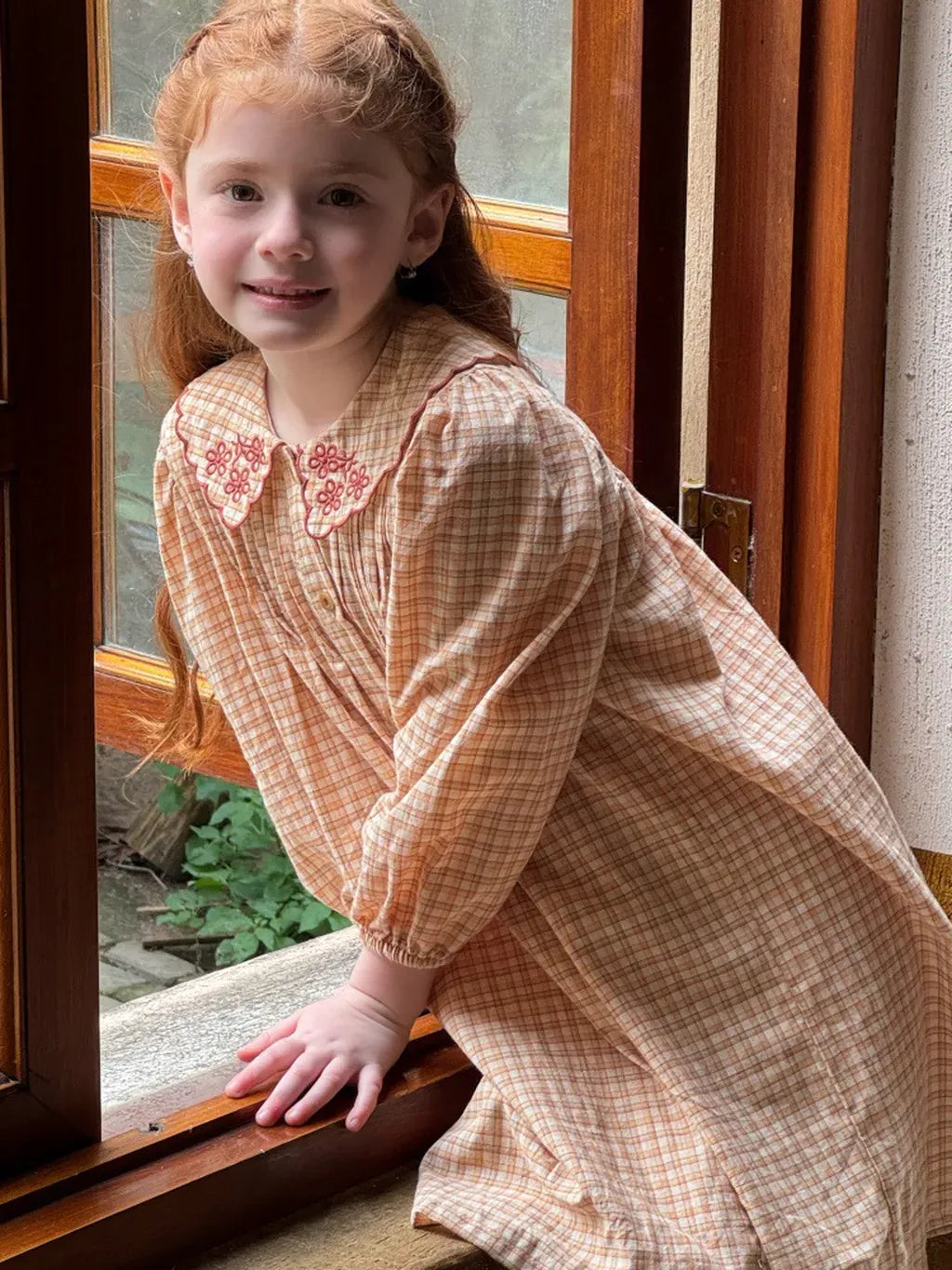 長袖ワンピース 刺繍襟チェック柄長袖シャツワンピース【mh0011208】