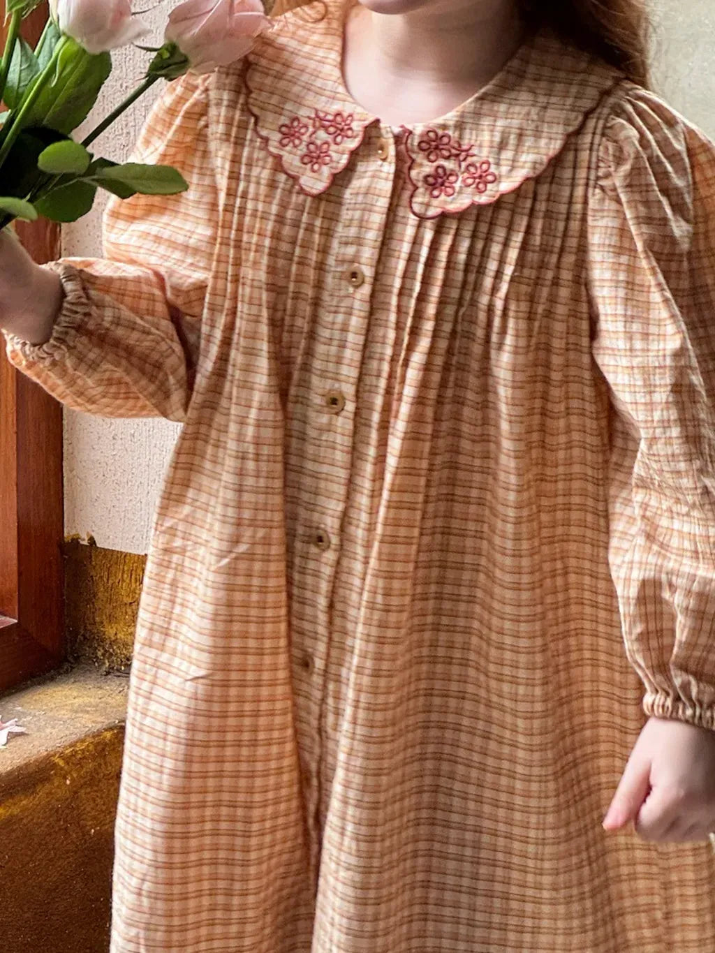 長袖ワンピース 刺繍襟チェック柄長袖シャツワンピース【mh0011208】