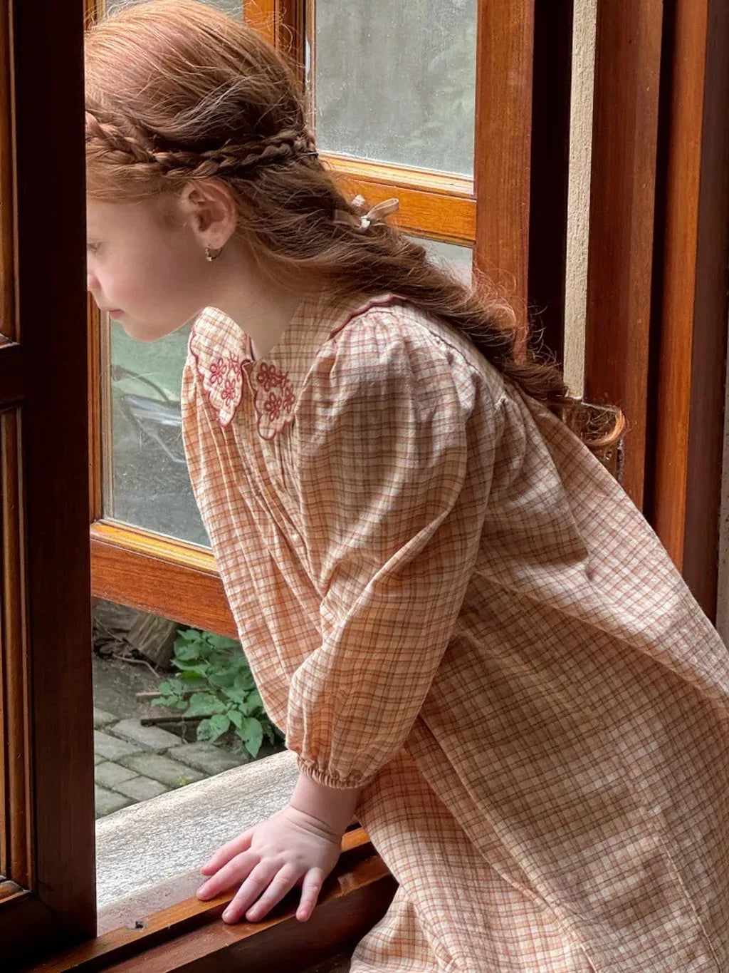 長袖ワンピース 刺繍襟チェック柄長袖シャツワンピース【mh0011208】