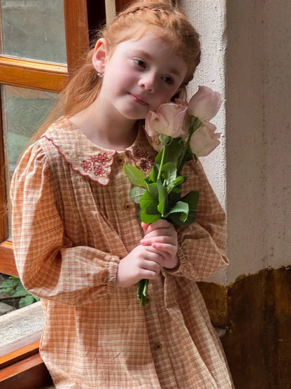 長袖ワンピース 刺繍襟チェック柄長袖シャツワンピース【mh0011208】