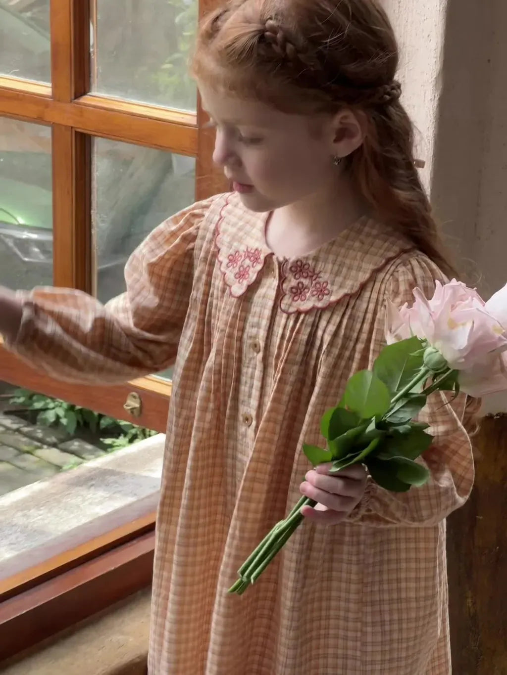 長袖ワンピース 刺繍襟チェック柄長袖シャツワンピース【mh0011208】