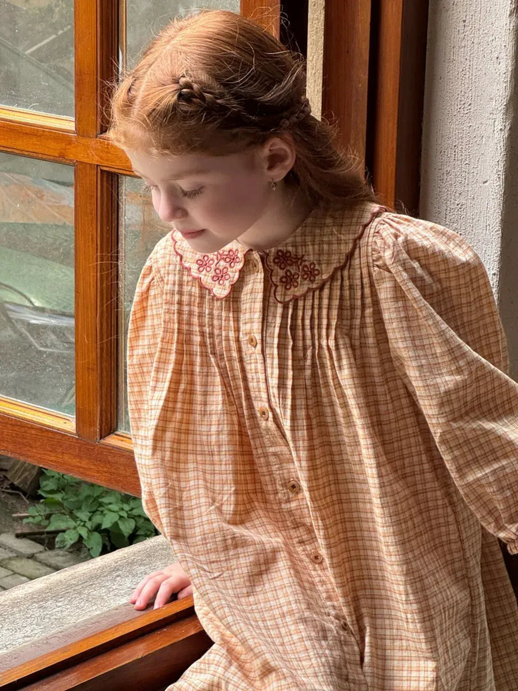 長袖ワンピース 刺繍襟チェック柄長袖シャツワンピース【mh0011208】