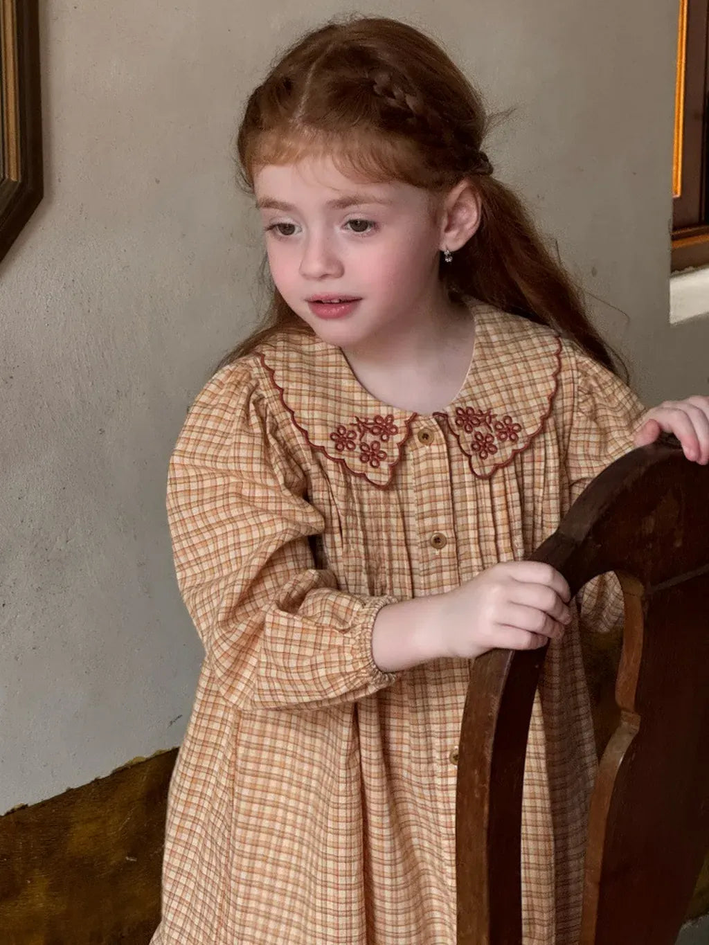 長袖ワンピース 刺繍襟チェック柄長袖シャツワンピース【mh0011208】