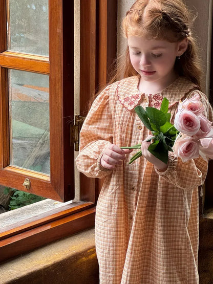 長袖ワンピース 刺繍襟チェック柄長袖シャツワンピース【mh0011208】