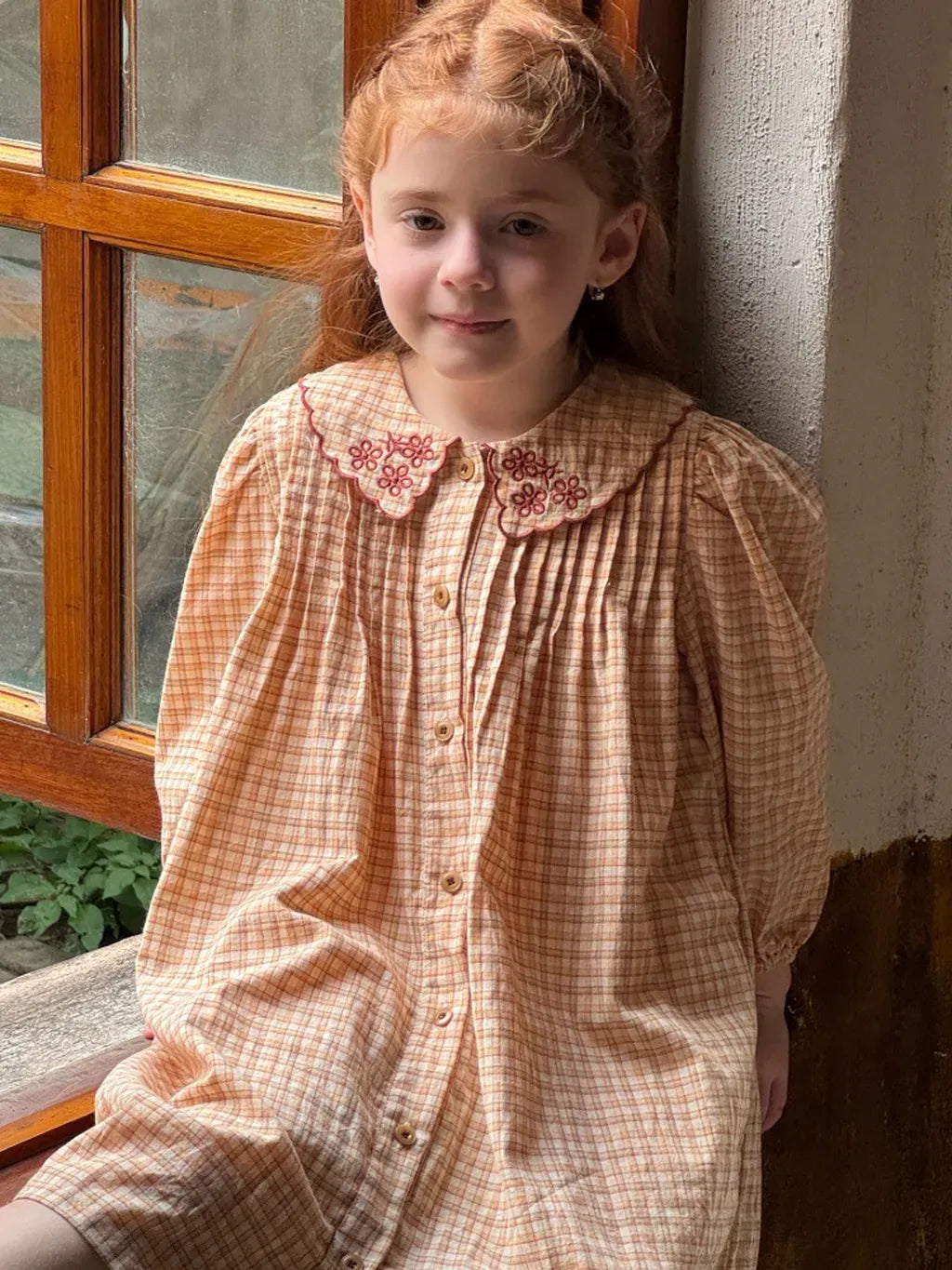 長袖ワンピース 刺繍襟チェック柄長袖シャツワンピース【mh0011208】