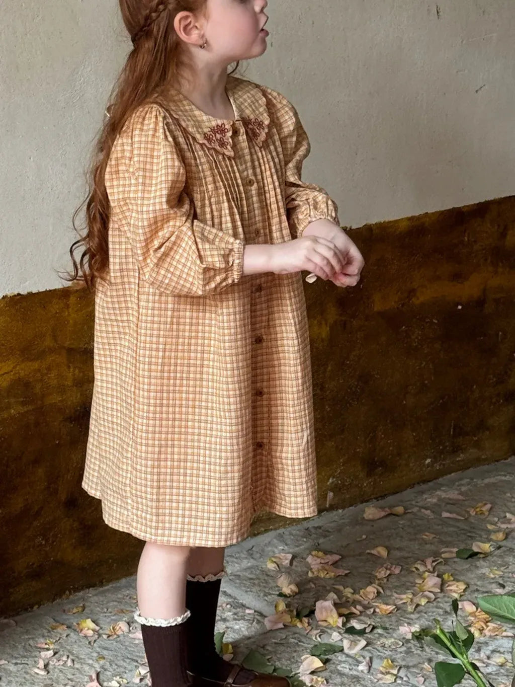 長袖ワンピース 刺繍襟チェック柄長袖シャツワンピース【mh0011208】