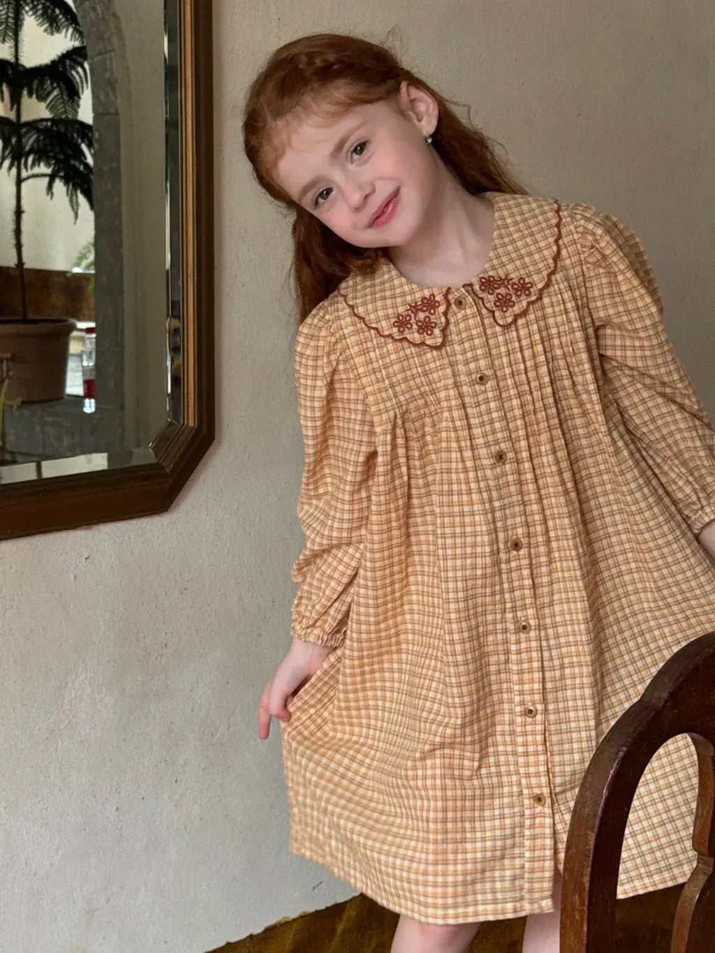 長袖ワンピース 刺繍襟チェック柄長袖シャツワンピース【mh0011208】