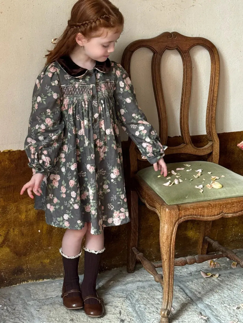 長袖ワンピース 花柄ベロア襟シャーリングワンピース【mh0011209】