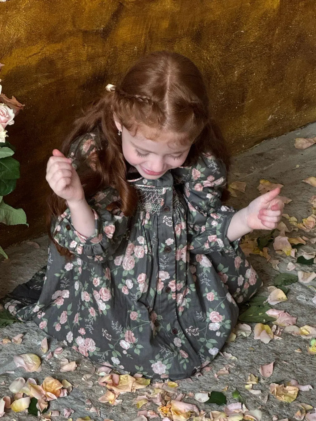 長袖ワンピース 花柄ベロア襟シャーリングワンピース【mh0011209】