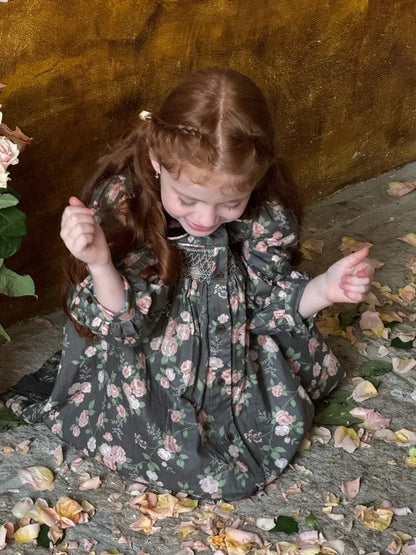 長袖ワンピース 花柄ベロア襟シャーリングワンピース【mh0011209】