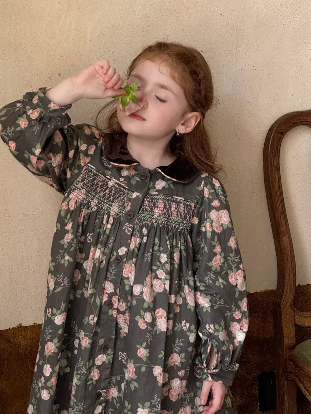 長袖ワンピース 花柄ベロア襟シャーリングワンピース【mh0011209】