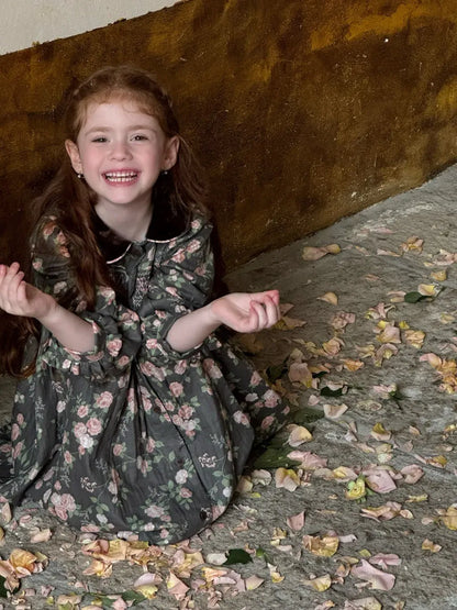 長袖ワンピース 花柄ベロア襟シャーリングワンピース【mh0011209】