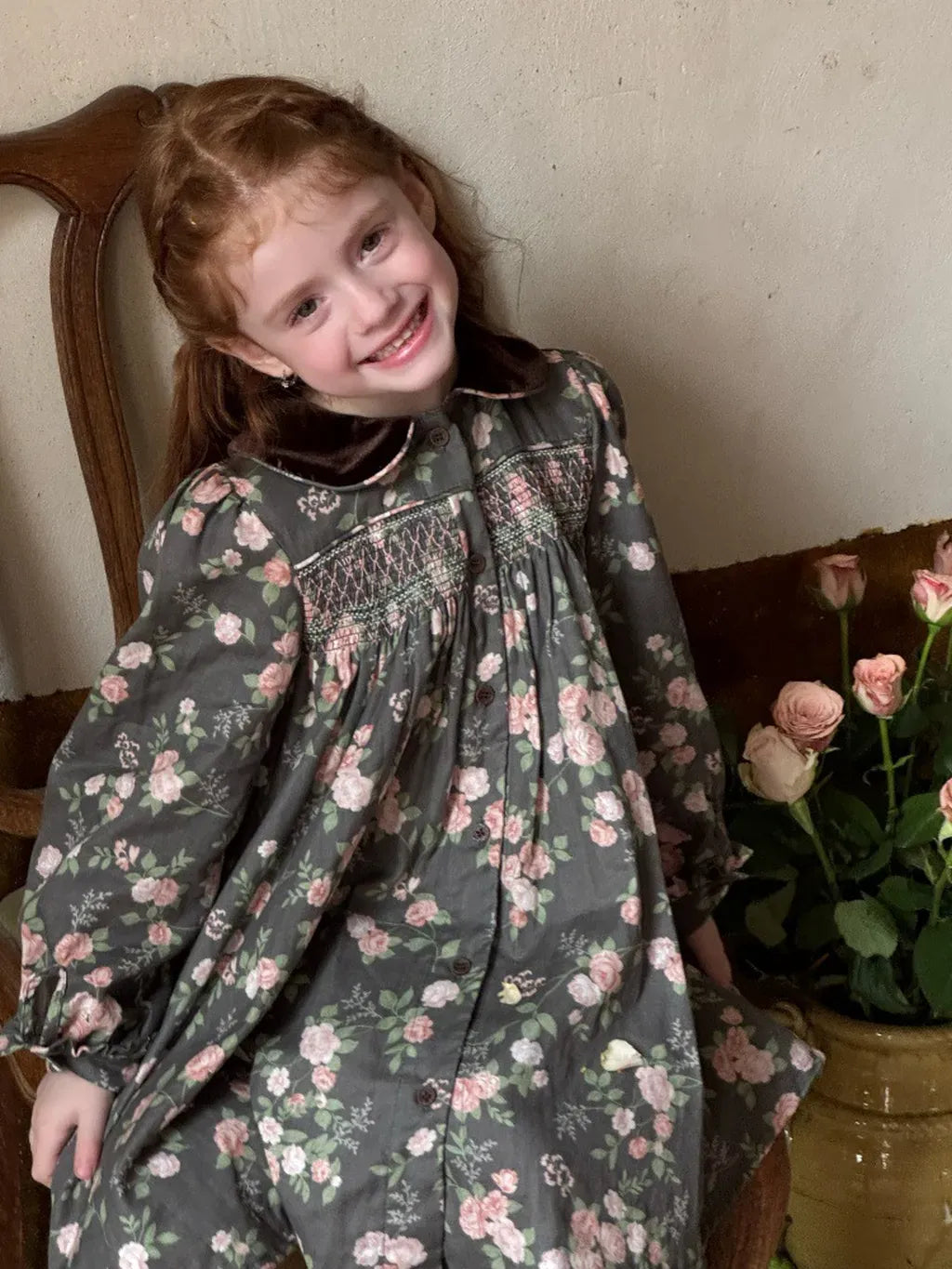 長袖ワンピース 花柄ベロア襟シャーリングワンピース【mh0011209】