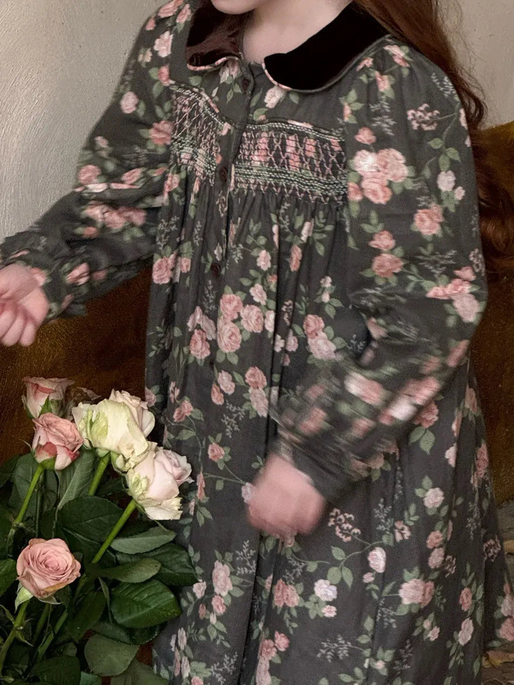 長袖ワンピース 花柄ベロア襟シャーリングワンピース【mh0011209】