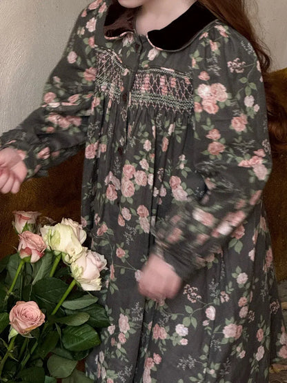 長袖ワンピース 花柄ベロア襟シャーリングワンピース【mh0011209】