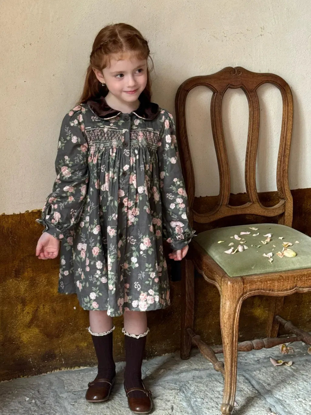 長袖ワンピース 花柄ベロア襟シャーリングワンピース【mh0011209】