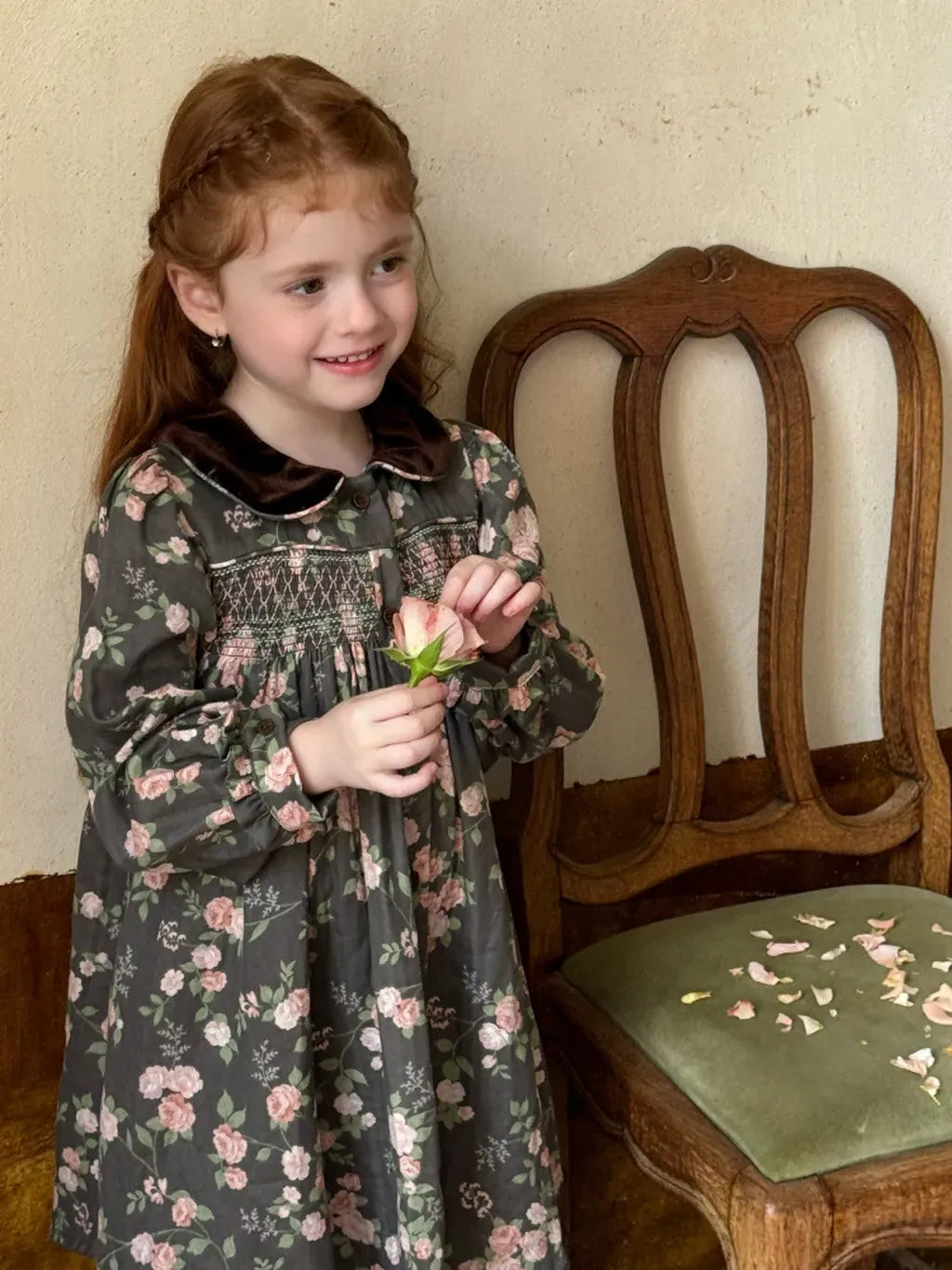 長袖ワンピース 花柄ベロア襟シャーリングワンピース【mh0011209】