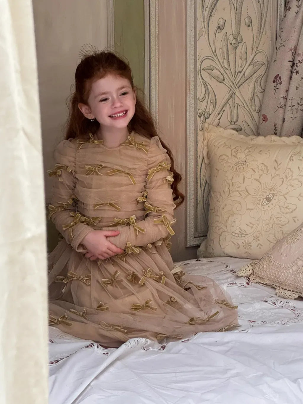 長袖ワンピース ベロアリボンチュールロングドレスワンピース【mh0011210】