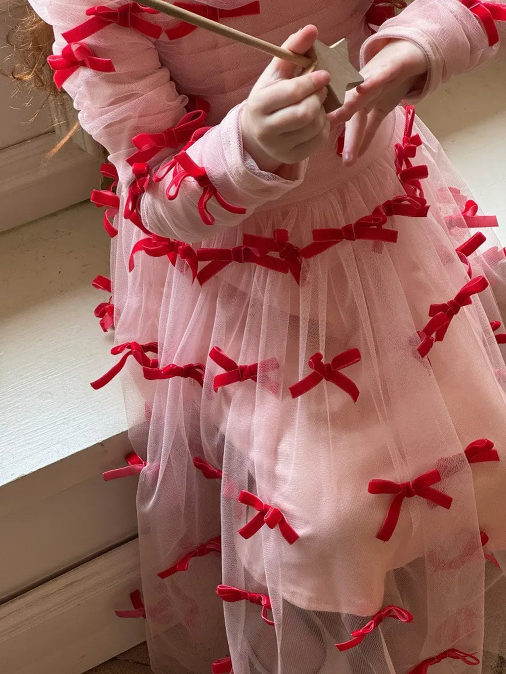 長袖ワンピース ベロアリボンチュールロングドレスワンピース【mh0011210】