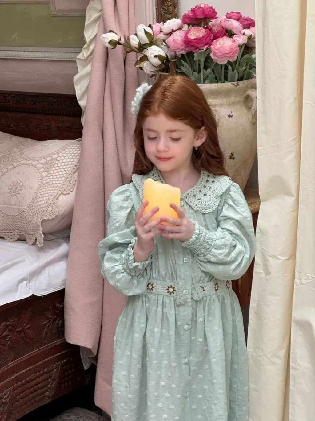 長袖ワンピース 刺繍レース襟パフスリーブワンピース レトロクラシカル【mh0011211】