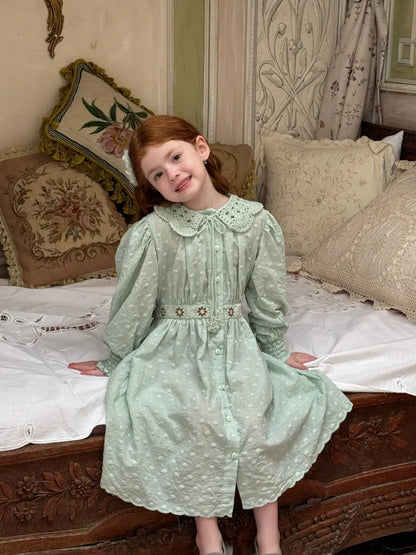 長袖ワンピース 刺繍レース襟パフスリーブワンピース レトロクラシカル【mh0011211】