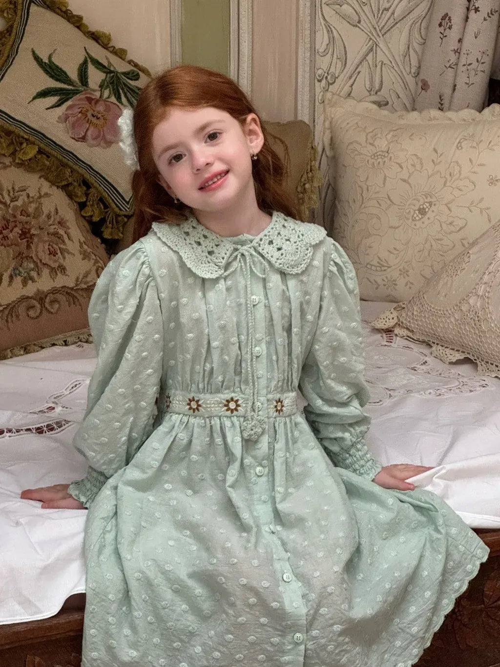 長袖ワンピース 刺繍レース襟パフスリーブワンピース レトロクラシカル【mh0011211】