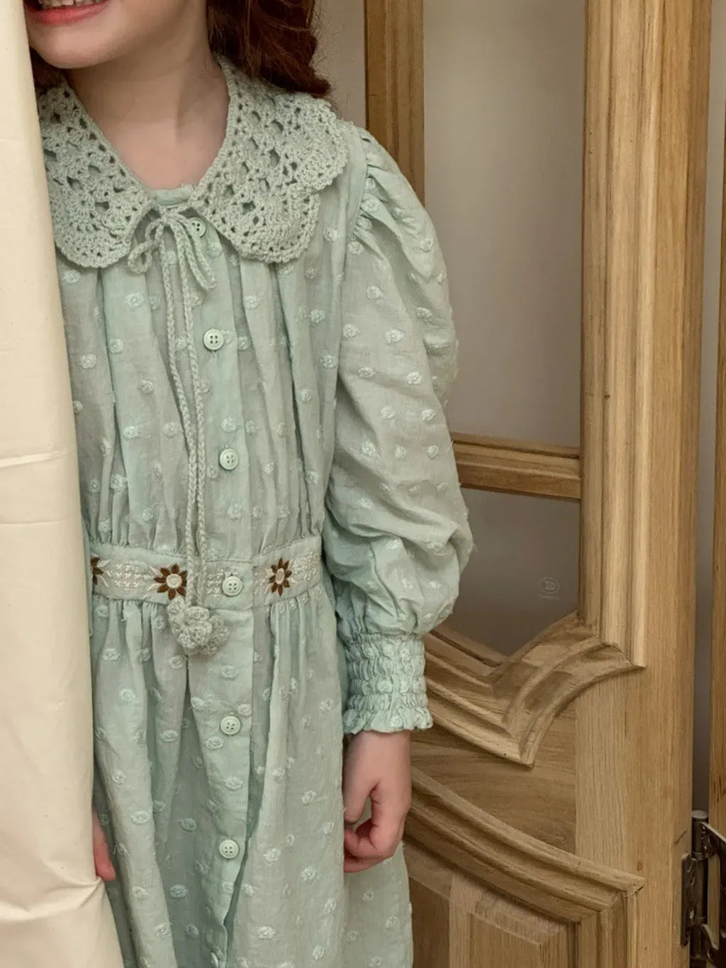 長袖ワンピース 刺繍レース襟パフスリーブワンピース レトロクラシカル【mh0011211】