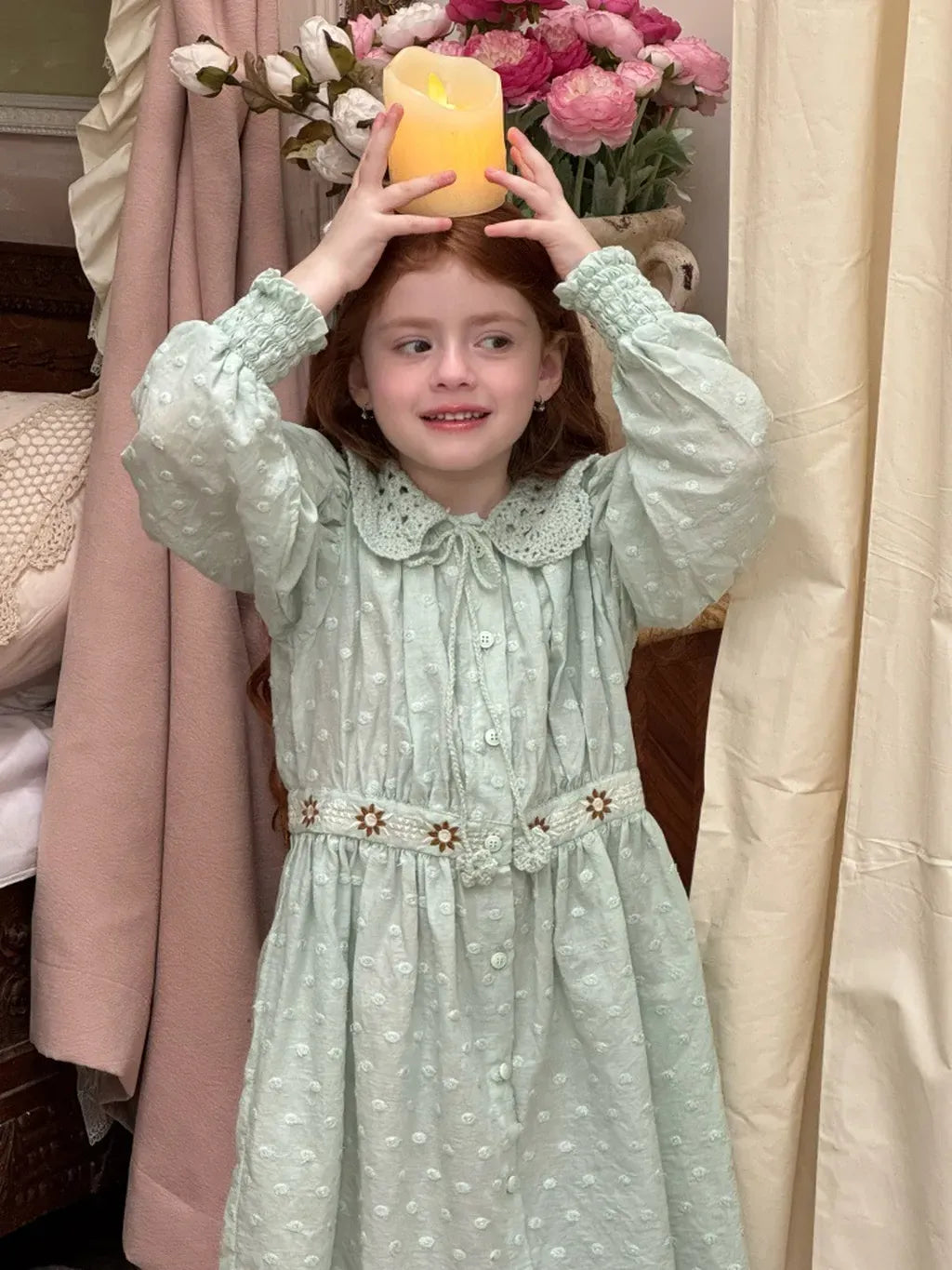 長袖ワンピース 刺繍レース襟パフスリーブワンピース レトロクラシカル【mh0011211】