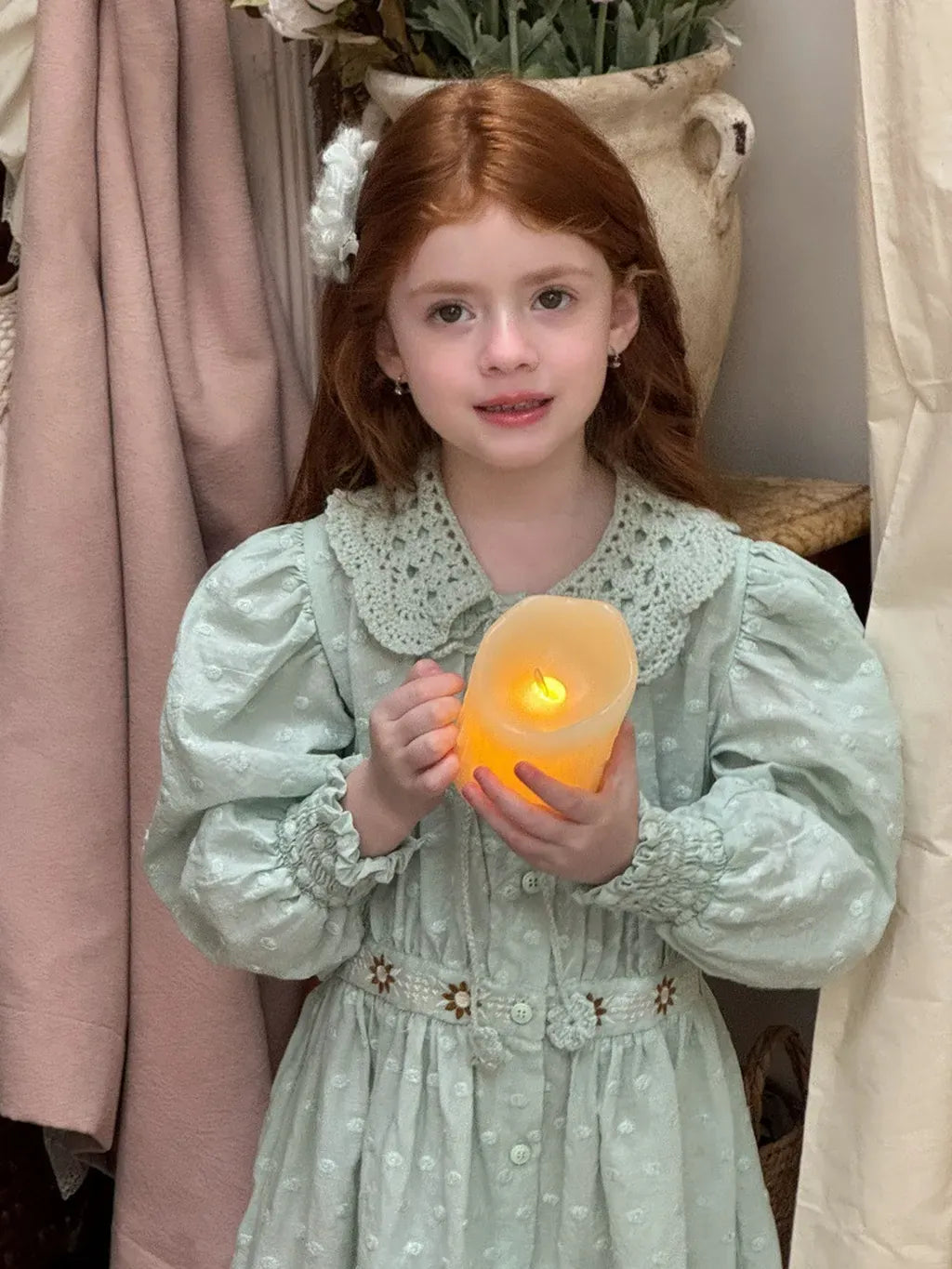 長袖ワンピース 刺繍レース襟パフスリーブワンピース レトロクラシカル【mh0011211】