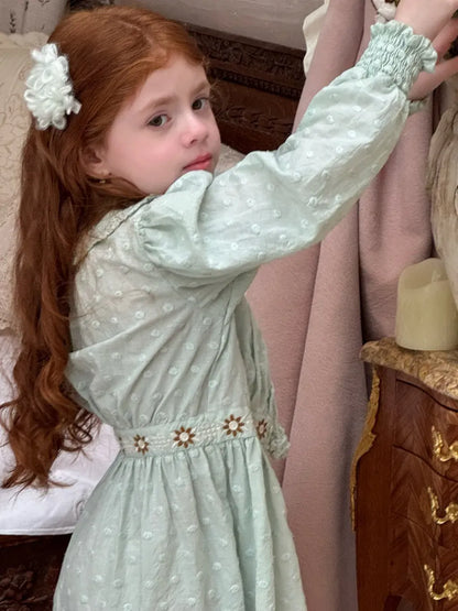 長袖ワンピース 刺繍レース襟パフスリーブワンピース レトロクラシカル【mh0011211】