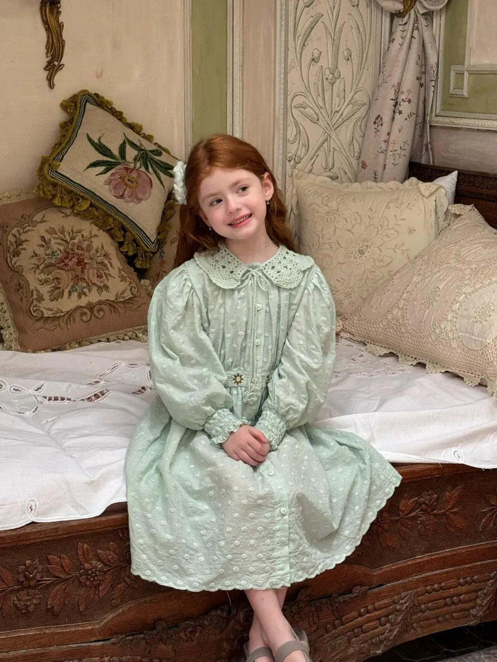 長袖ワンピース 刺繍レース襟パフスリーブワンピース レトロクラシカル【mh0011211】