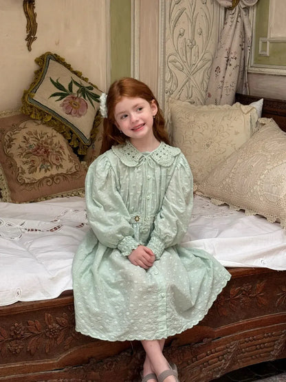 長袖ワンピース 刺繍レース襟パフスリーブワンピース レトロクラシカル【mh0011211】