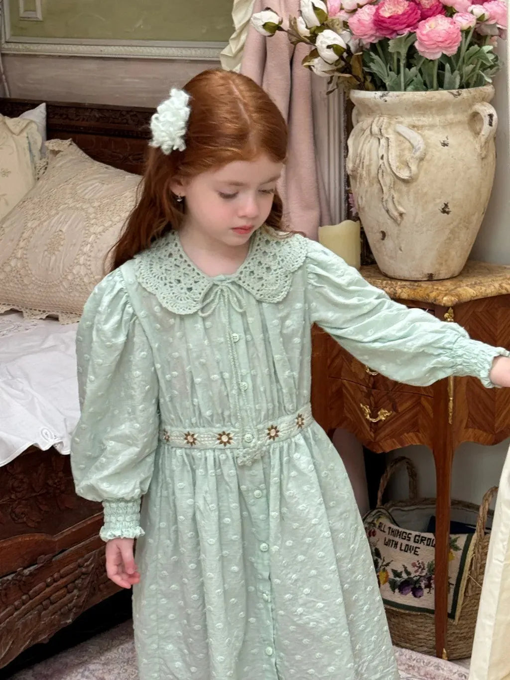 長袖ワンピース 刺繍レース襟パフスリーブワンピース レトロクラシカル【mh0011211】