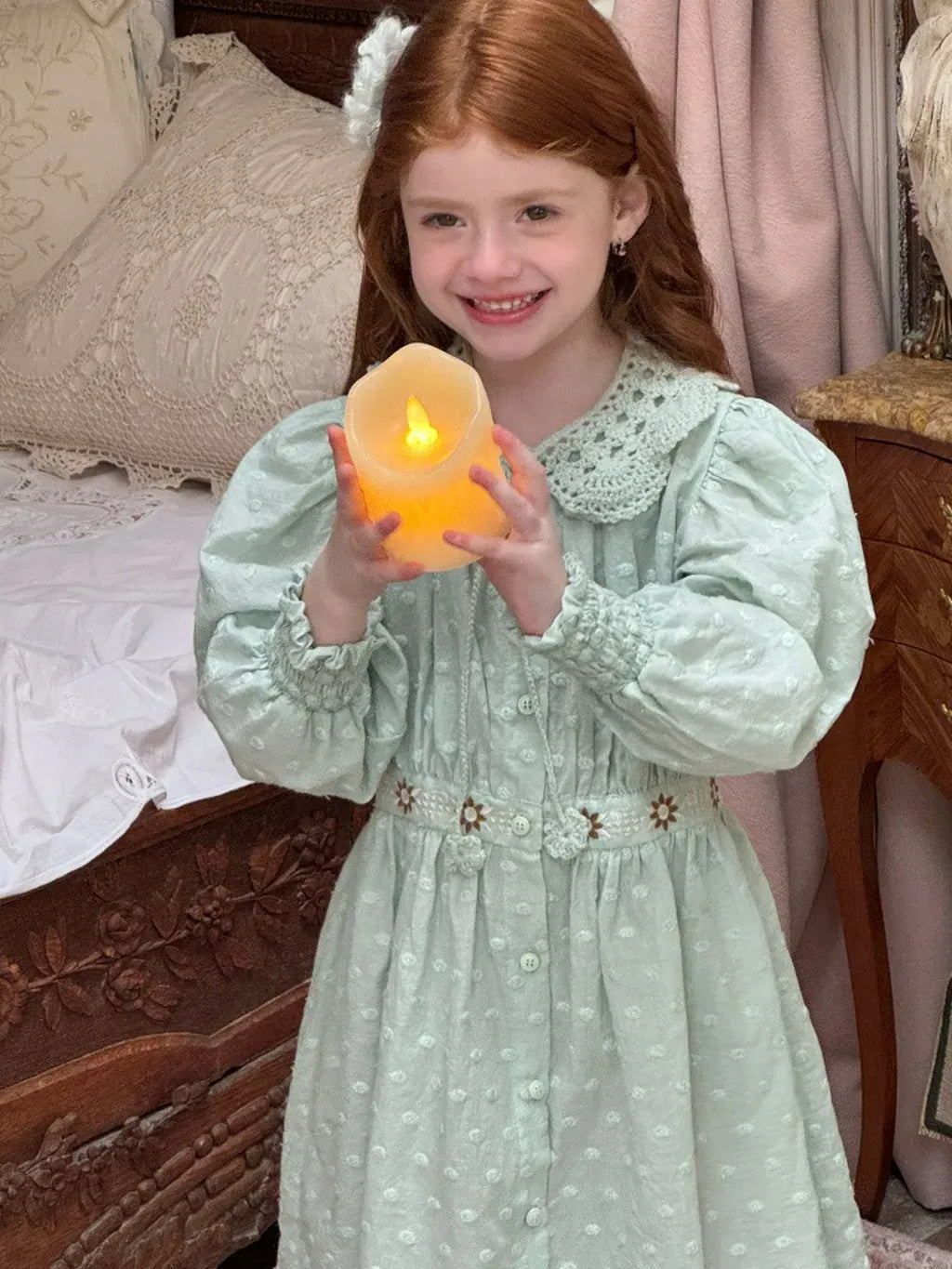 長袖ワンピース 刺繍レース襟パフスリーブワンピース レトロクラシカル【mh0011211】