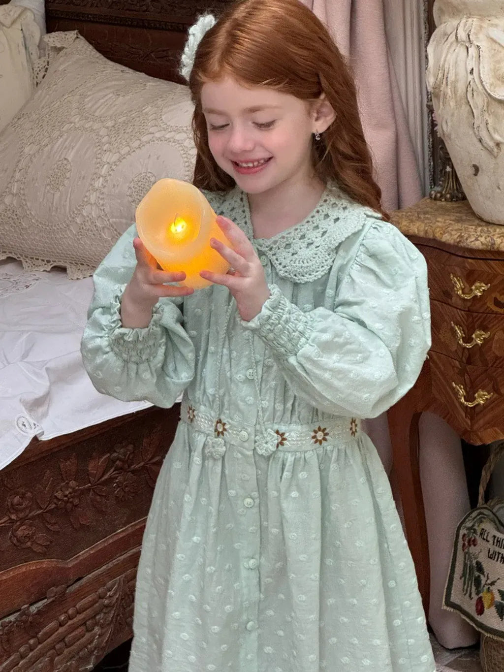 長袖ワンピース 刺繍レース襟パフスリーブワンピース レトロクラシカル【mh0011211】