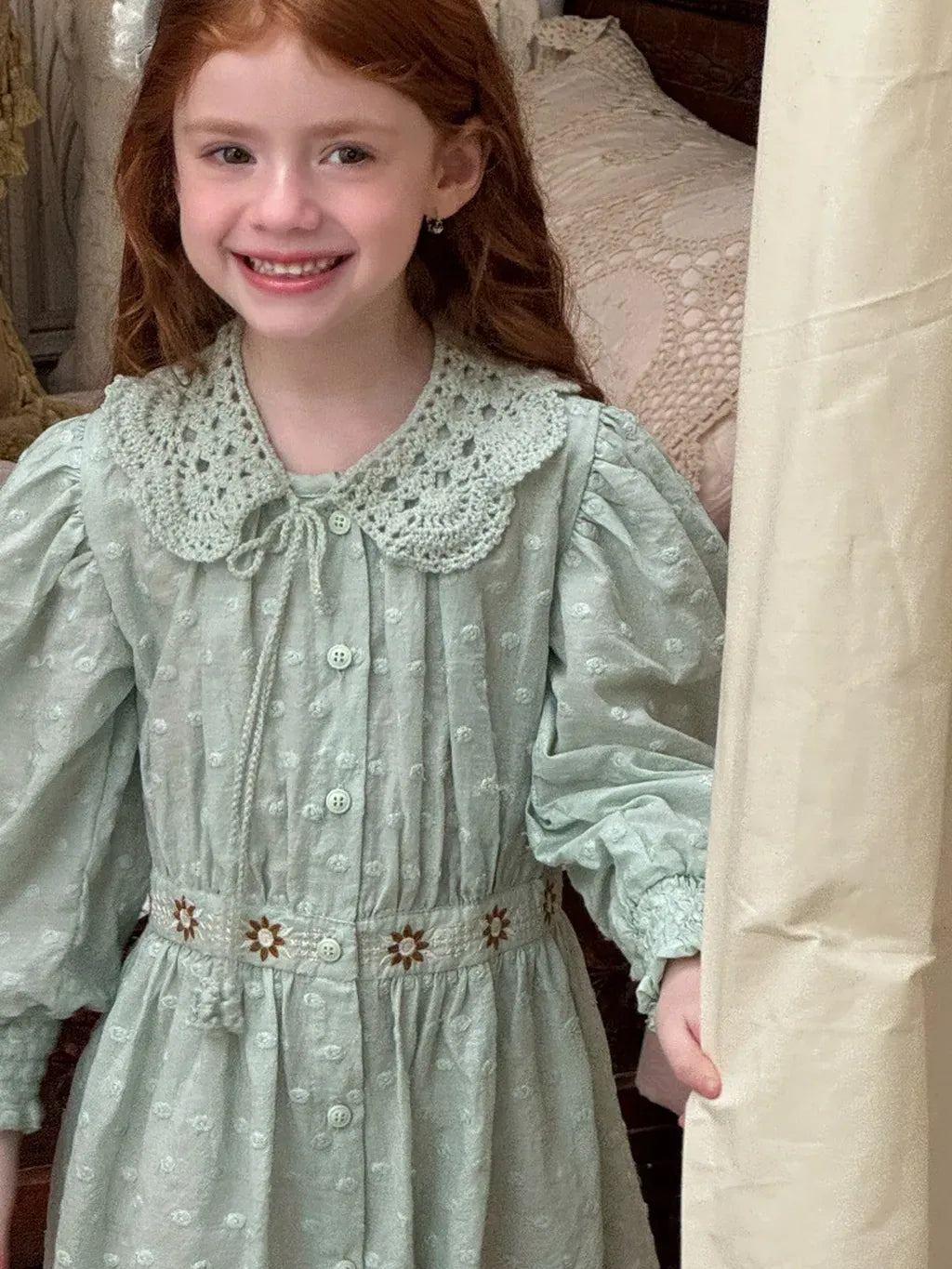 長袖ワンピース 刺繍レース襟パフスリーブワンピース レトロクラシカル【mh0011211】