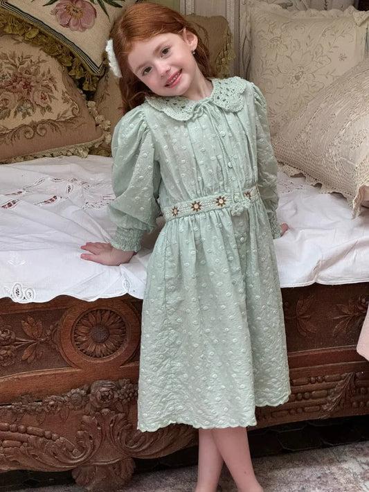 長袖ワンピース 刺繍レース襟パフスリーブワンピース レトロクラシカル【mh0011211】