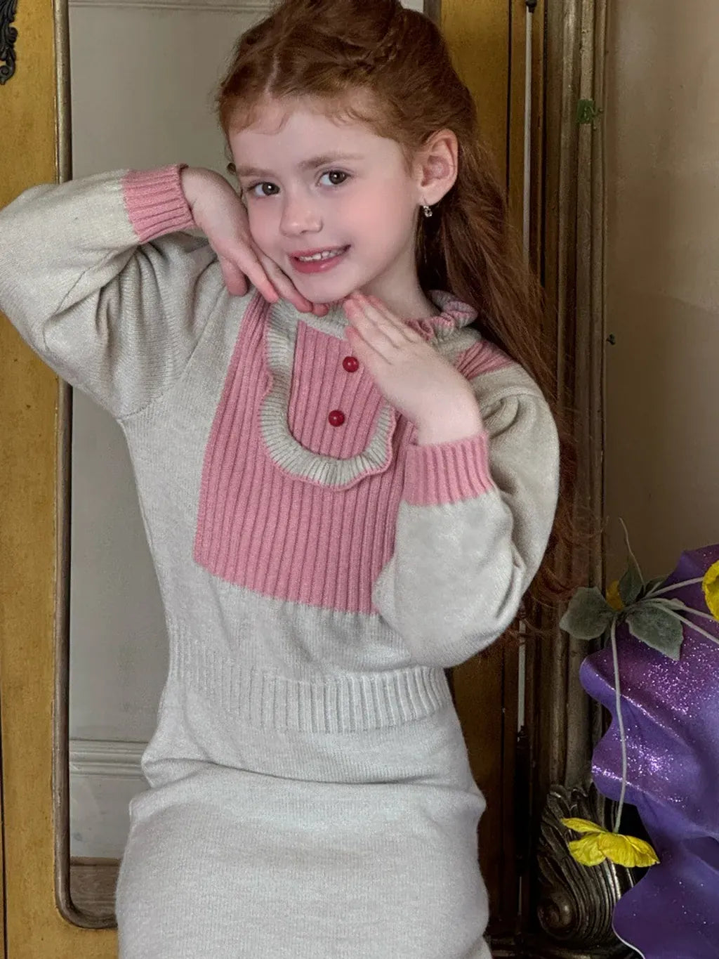 長袖ワンピース バイカラーニット長袖ワンピース【mh0011220】