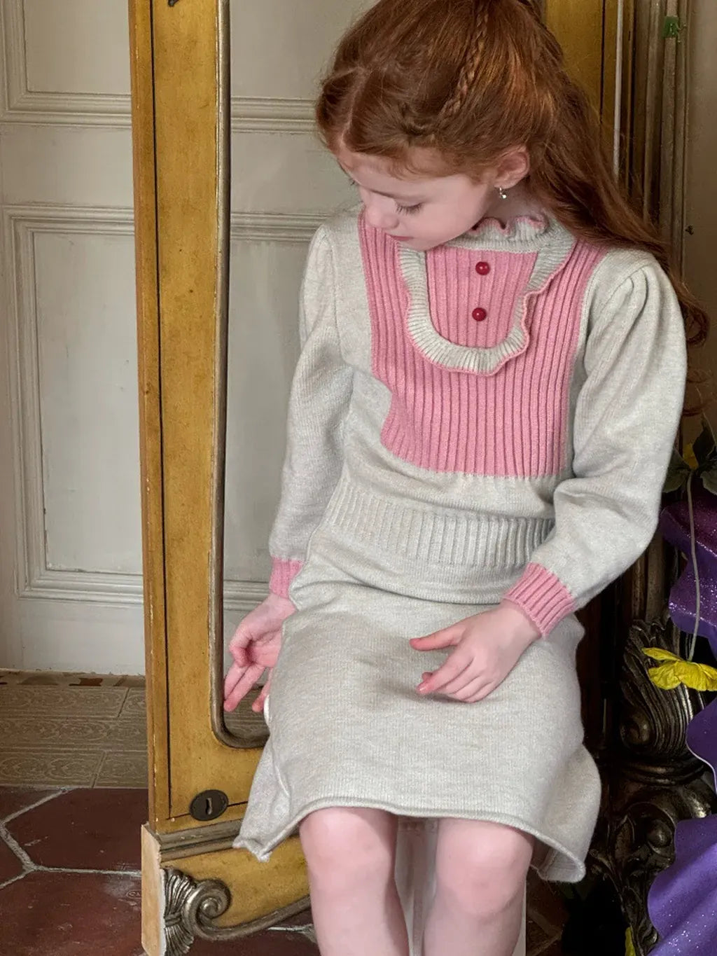 長袖ワンピース バイカラーニット長袖ワンピース【mh0011220】