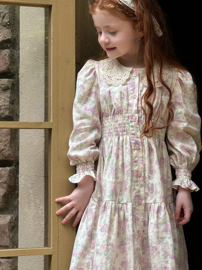 長袖ワンピース 花柄レース襟シャーリングワンピース クラシカル【mh0011221】