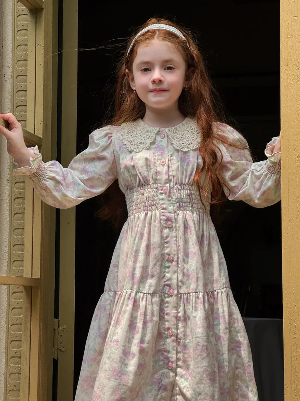 長袖ワンピース 花柄レース襟シャーリングワンピース クラシカル【mh0011221】