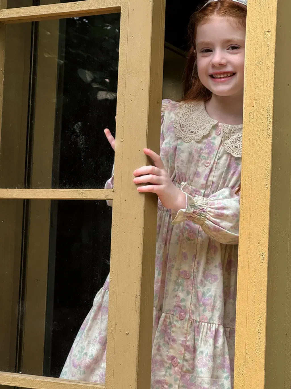 長袖ワンピース 花柄レース襟シャーリングワンピース クラシカル【mh0011221】